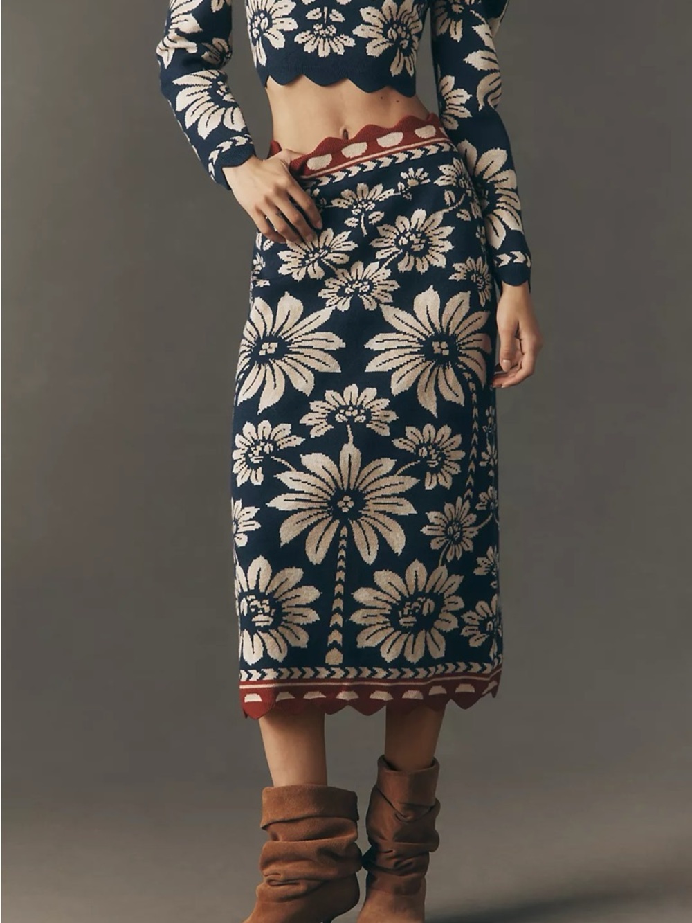 FARM Rio Luna Floral Knit Pencil Skirt Navy Cream Red Scalloped Trim Medium NWT - Picture 6 of 13